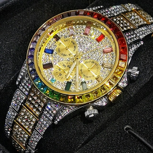 Radiant Elegance: Rainbow Diamond Quartz Watch