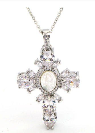 Shell Virgin Mary Cross Crystal Pendant Necklace