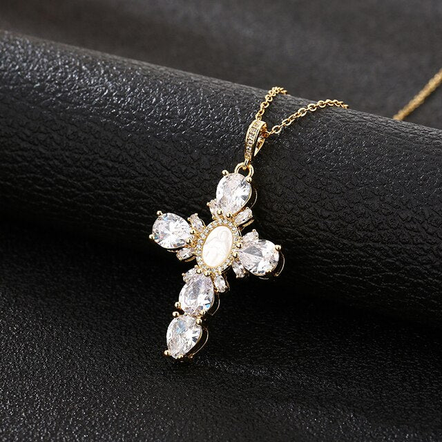 Shell Virgin Mary Cross Crystal Pendant Necklace