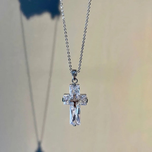 Crystal-Clear Cross Necklace and Earrings Set