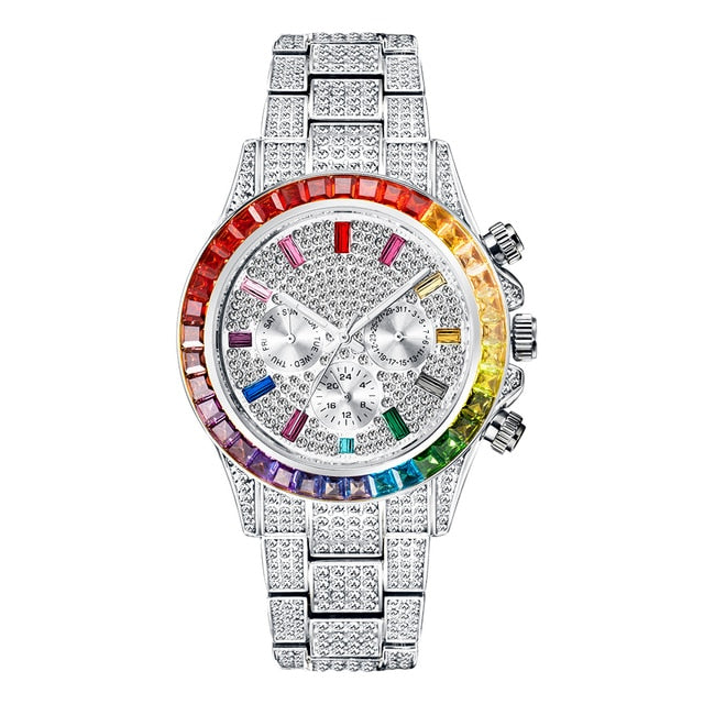 Radiant Elegance: Rainbow Diamond Quartz Watch