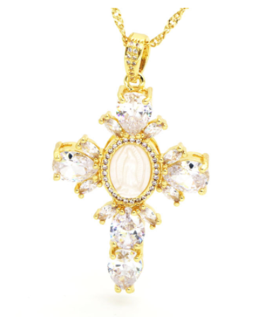 Shell Virgin Mary Cross Crystal Pendant Necklace