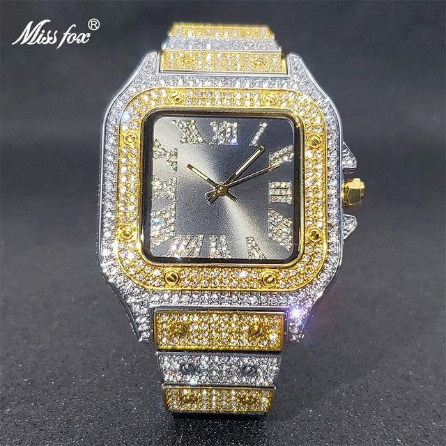 MISSFOX Ice Out Diamond Square Watch: Elegance Redefined