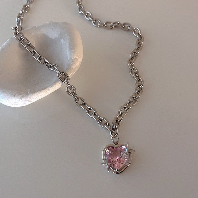 Sparkling Peach Heart Water Drop Pendant Necklace