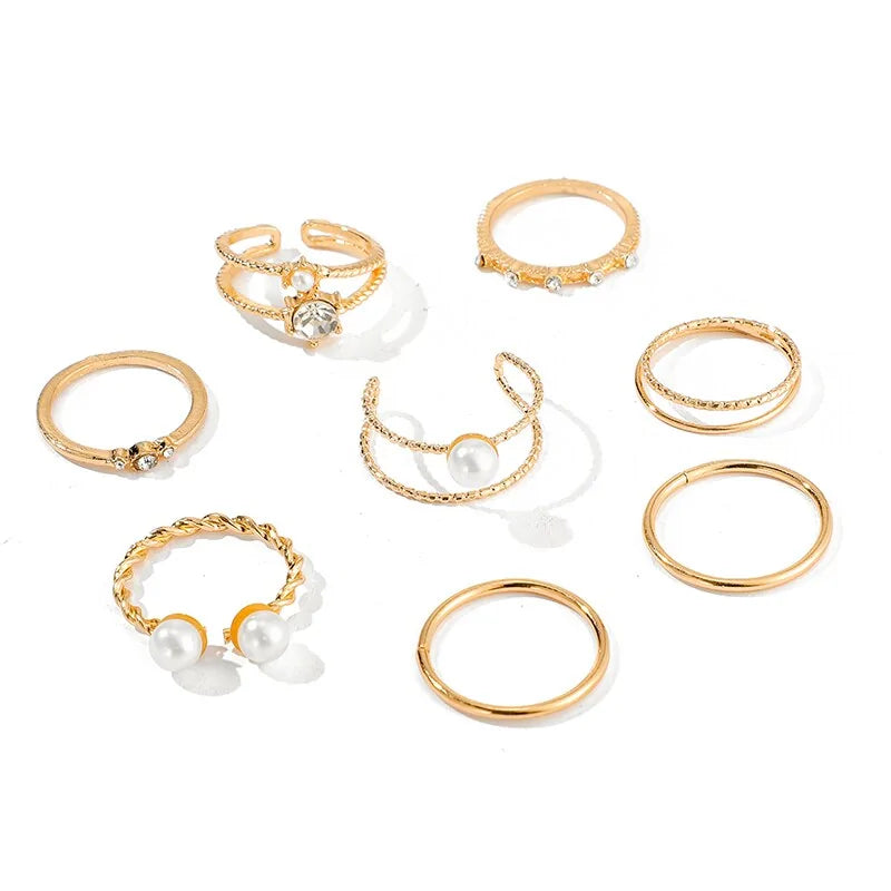 Gold Geometric Ring Set with Pearls and Crystals