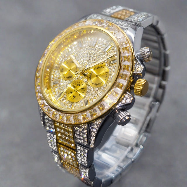 Gilded Elegance: Waterproof Watch with Iced Stainless Steel Bracelet