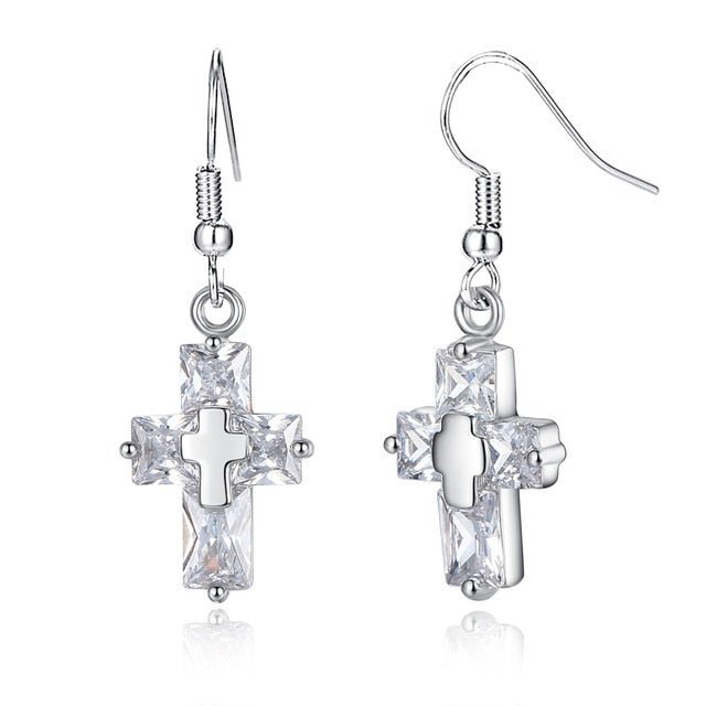 Crystal-Clear Cross Necklace and Earrings Set