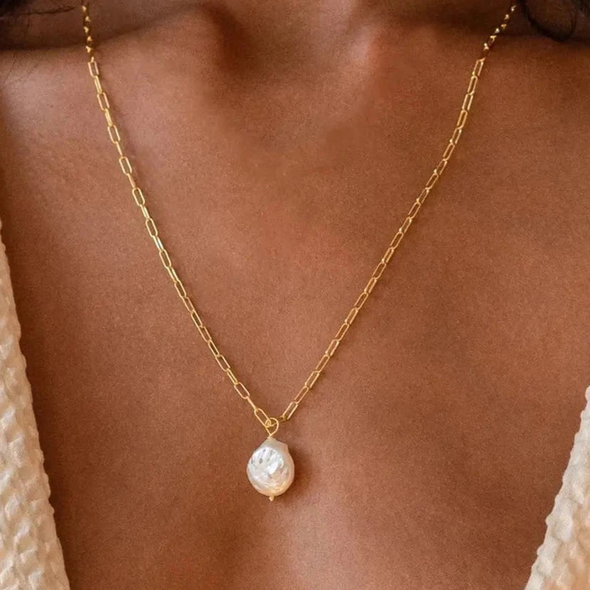 Rectangle Link Chain Pearl Necklace