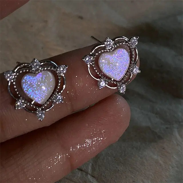 Glitter Shiny Rhinestone Dazzling Peach Heart Stud Earrings