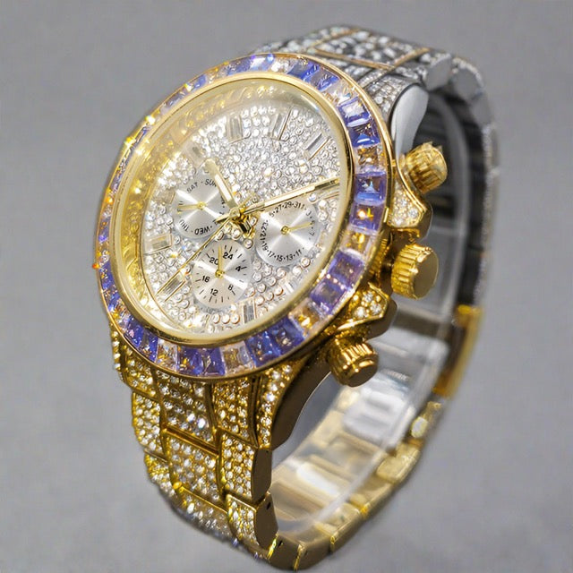 Gilded Elegance: Waterproof Watch with Iced Stainless Steel Bracelet