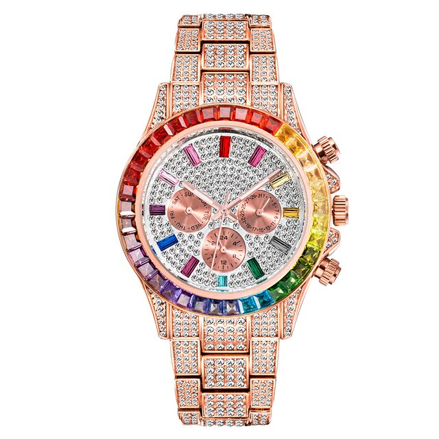 Radiant Elegance: Rainbow Diamond Quartz Watch