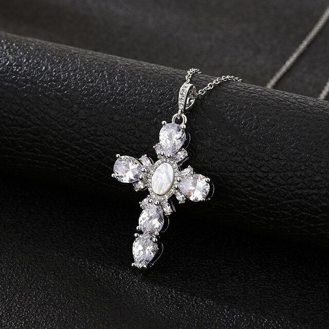 Shell Virgin Mary Cross Crystal Pendant Necklace