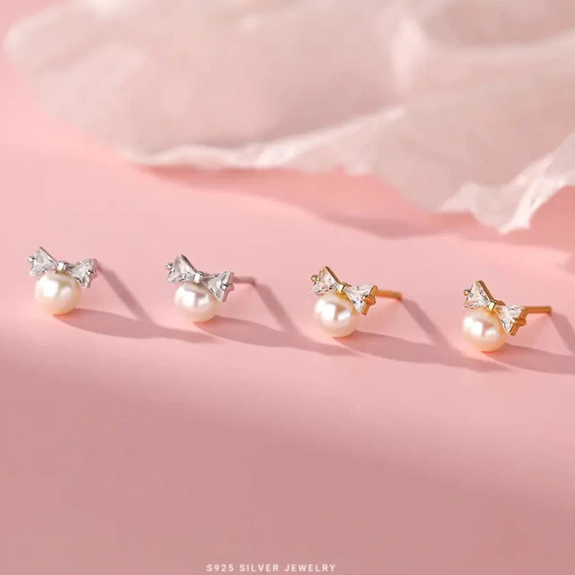 Pearl Bow Sweet Stud Earrings