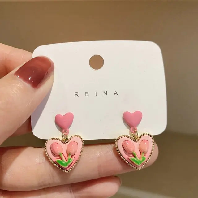 Pink Tulip Flower Earrings