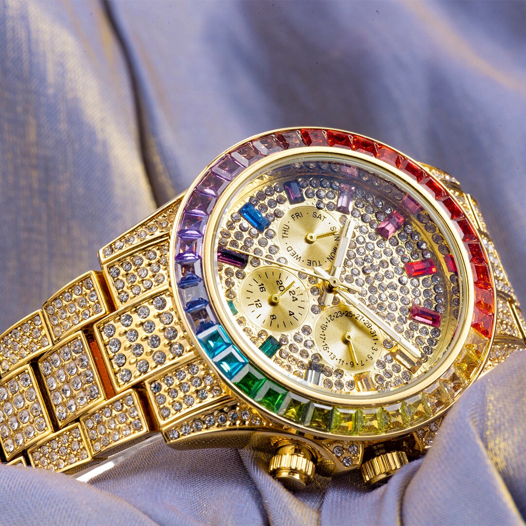 Radiant Elegance: Rainbow Diamond Quartz Watch