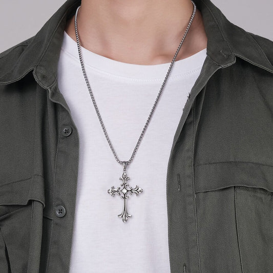 Polished Stainless Steel Cross Necklace with CZ Stones