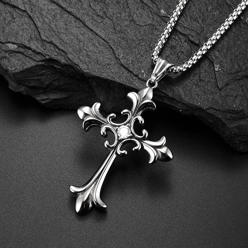 Polished Stainless Steel Cross Necklace with CZ Stones