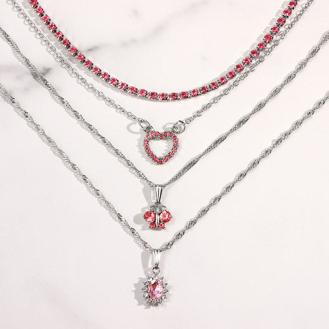 Multi-layer Pink Heart Crystal Necklaces