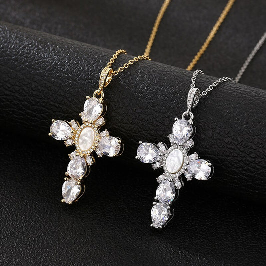 Shell Virgin Mary Cross Crystal Pendant Necklace