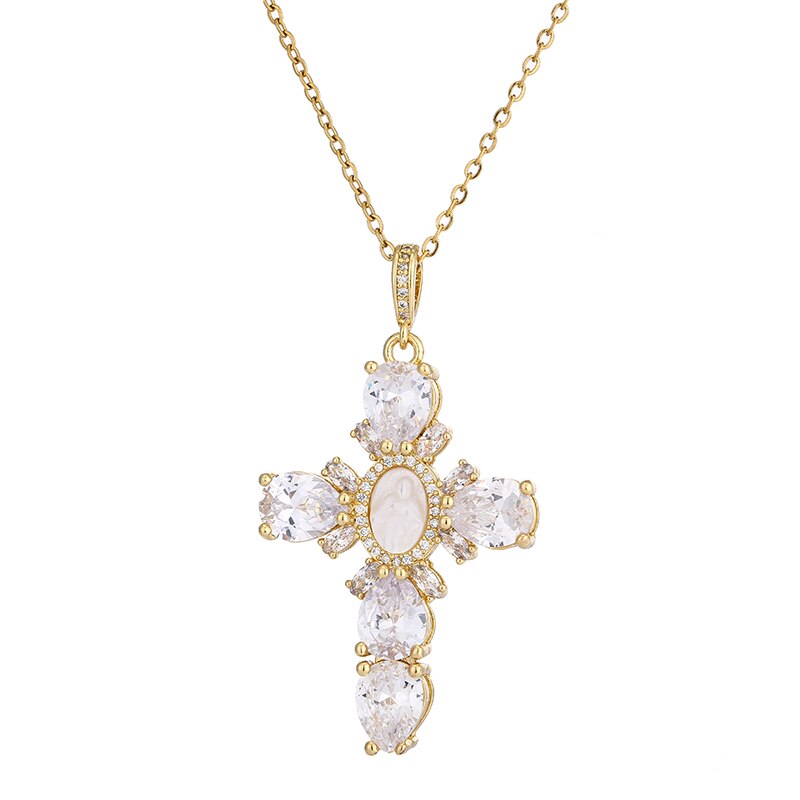 Shell Virgin Mary Cross Crystal Pendant Necklace