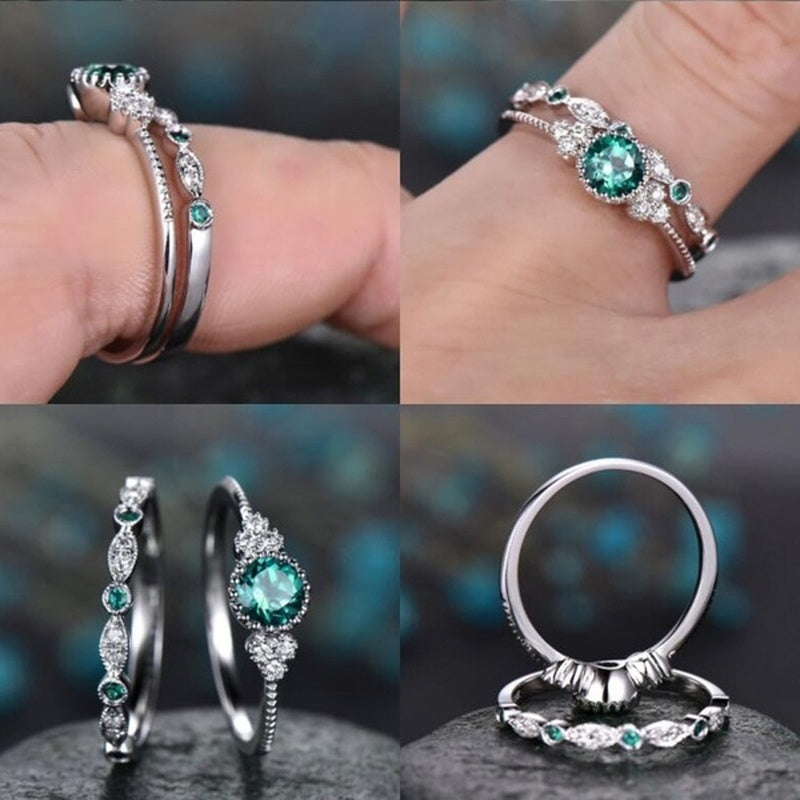 Silver Brilliant Cut Stone Ring Set