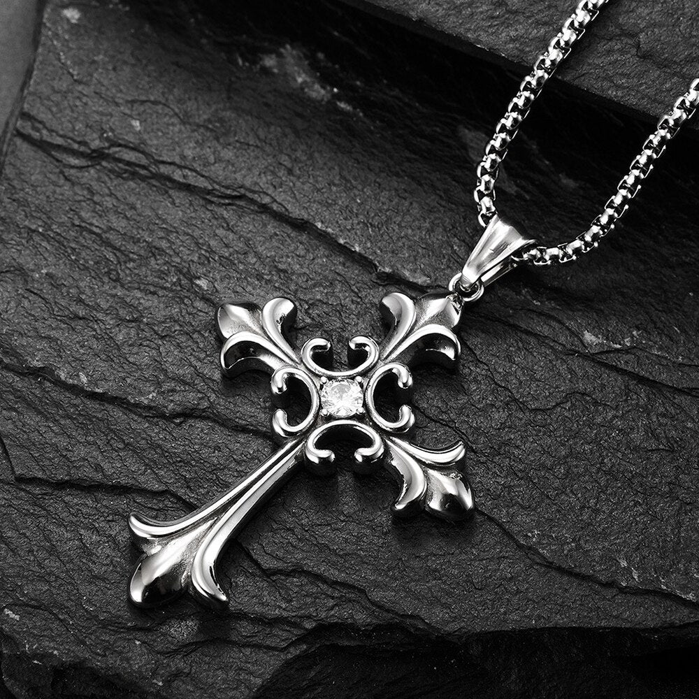 Polished Stainless Steel Cross Necklace with CZ Stones