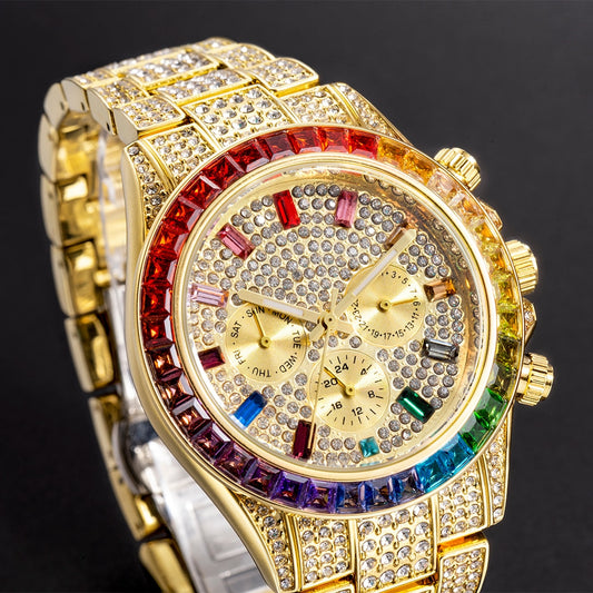 Radiant Elegance: Rainbow Diamond Quartz Watch