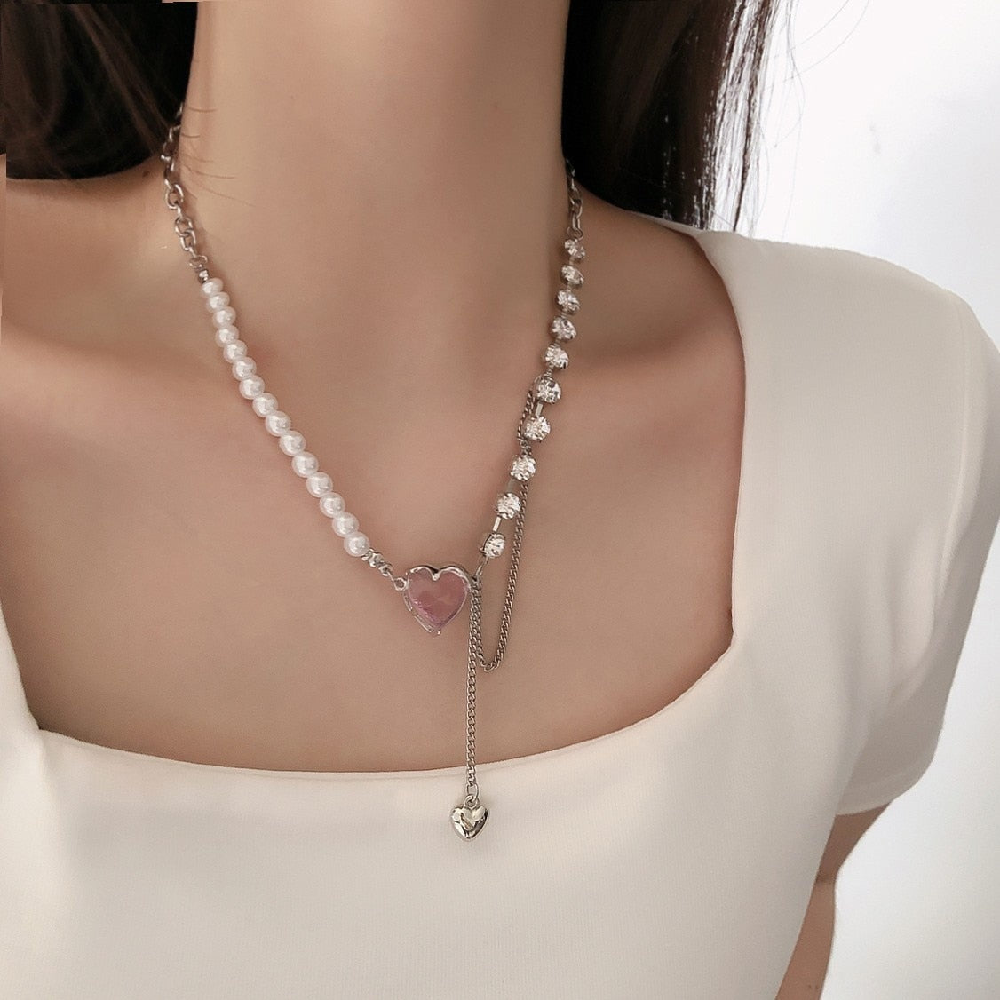 Cupid's Heart Crystal Pearl Necklace