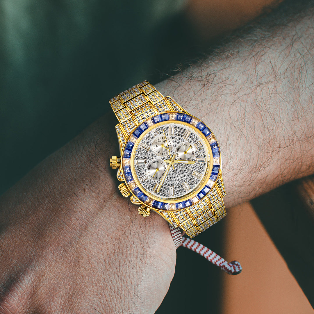 Gilded Elegance: Waterproof Watch with Iced Stainless Steel Bracelet