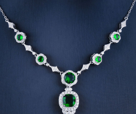 14K White Gold Emerald Necklace with Diamond Accents