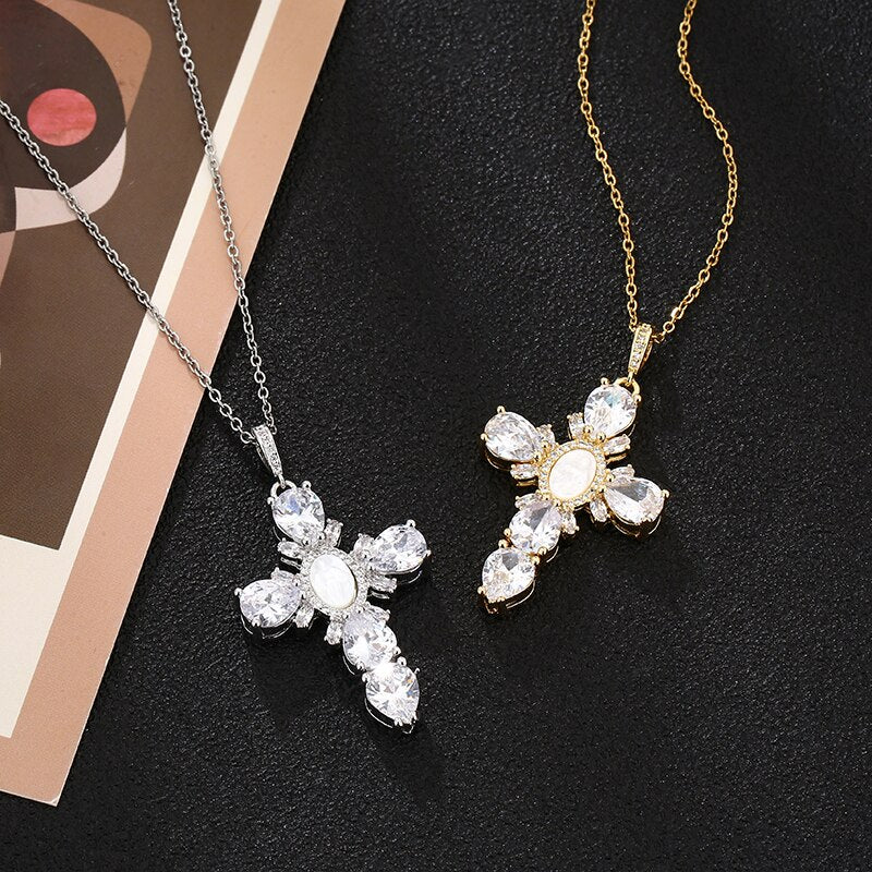 Shell Virgin Mary Cross Crystal Pendant Necklace