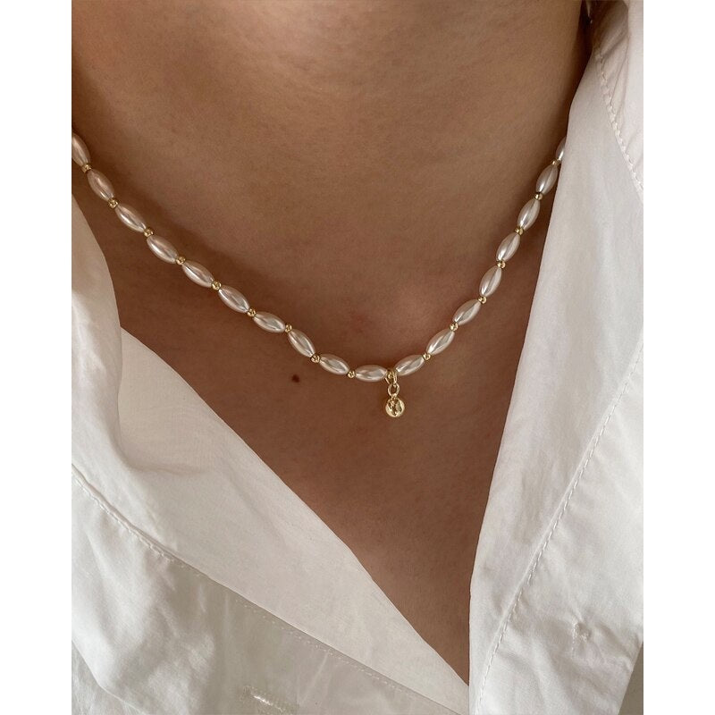 Elegant Gold Beaded Rice Pearl Choker Necklace