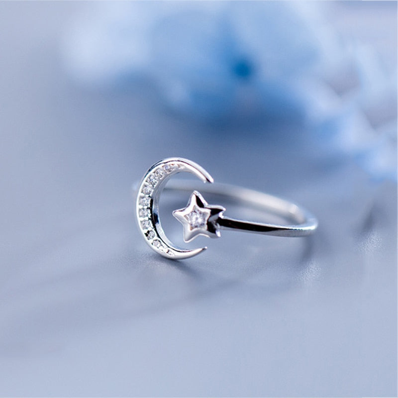 925 Sterling Silver Moon Star Ring