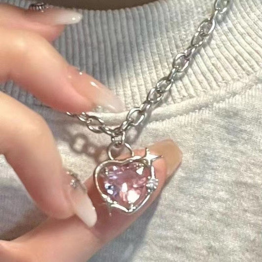 Sparkling Peach Heart Water Drop Pendant Necklace