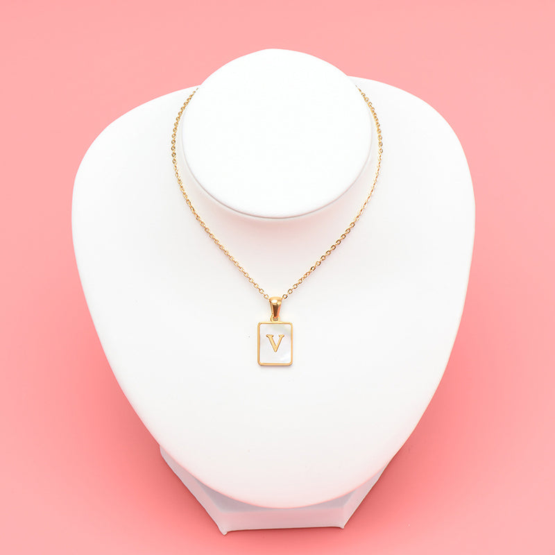 18K Golden Chain Letter Necklace with Square Natural Shell Pendant