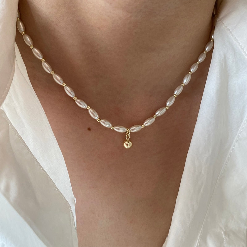 Elegant Gold Beaded Rice Pearl Choker Necklace
