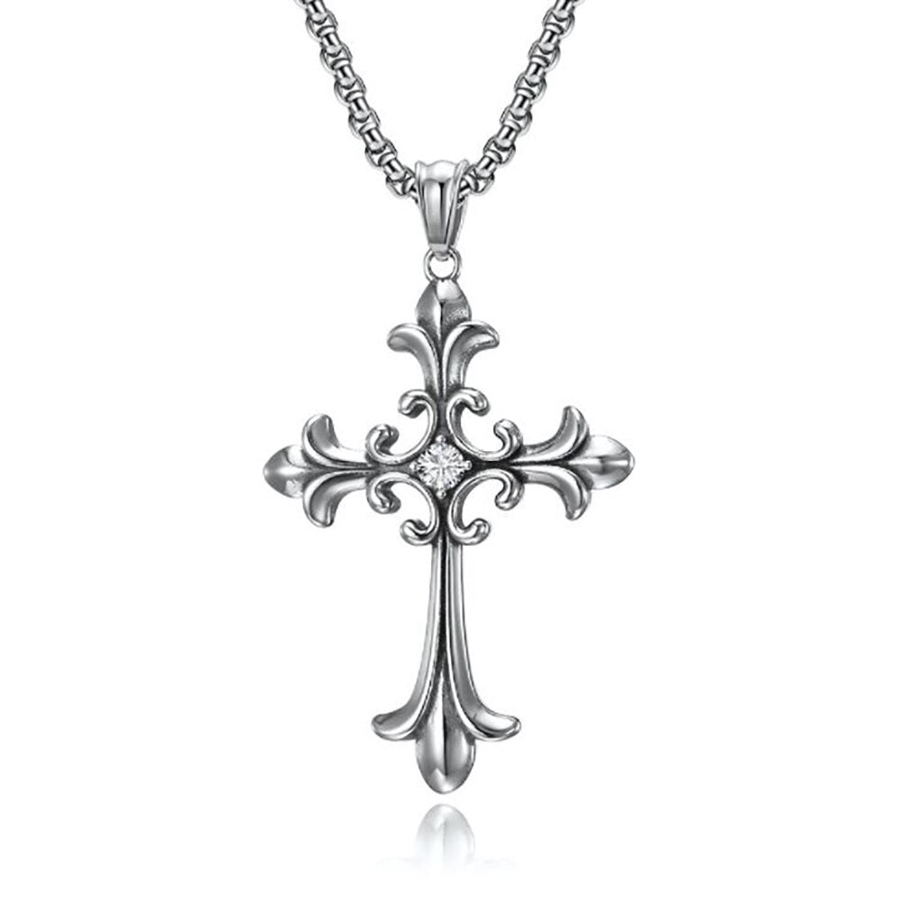 Polished Stainless Steel Cross Necklace with CZ Stones