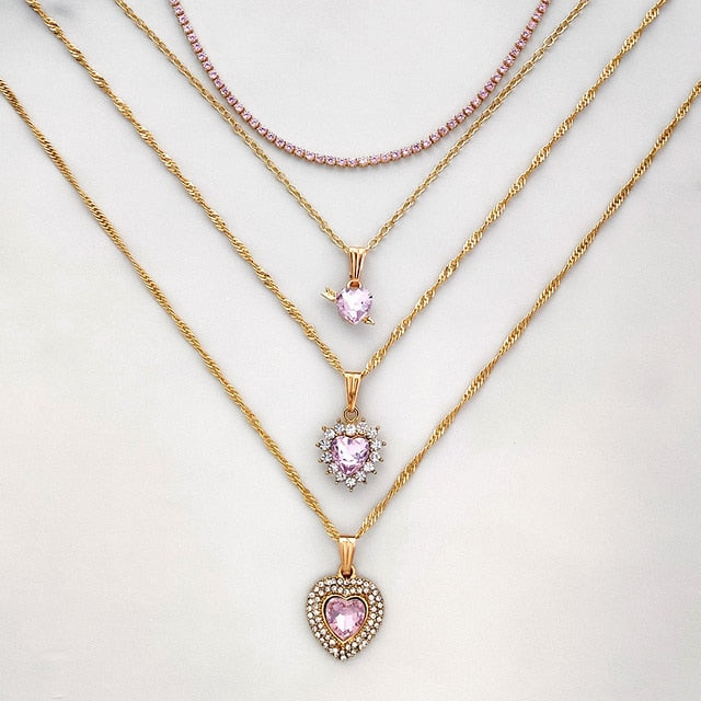 Multi-layer Pink Heart Crystal Necklaces