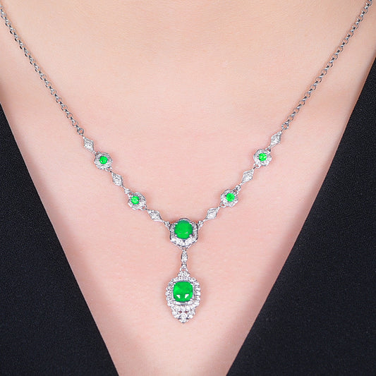 14K White Gold Emerald Necklace with Diamond Accents