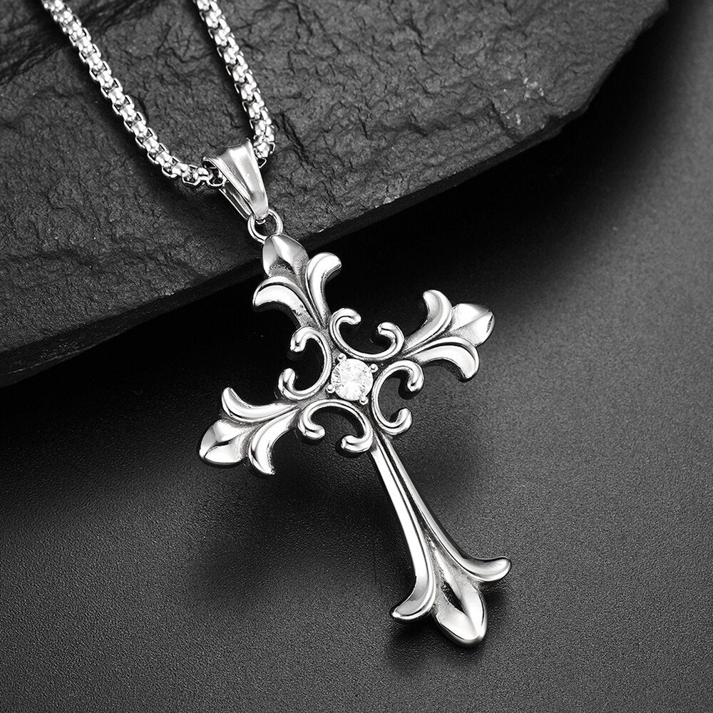 Polished Stainless Steel Cross Necklace with CZ Stones