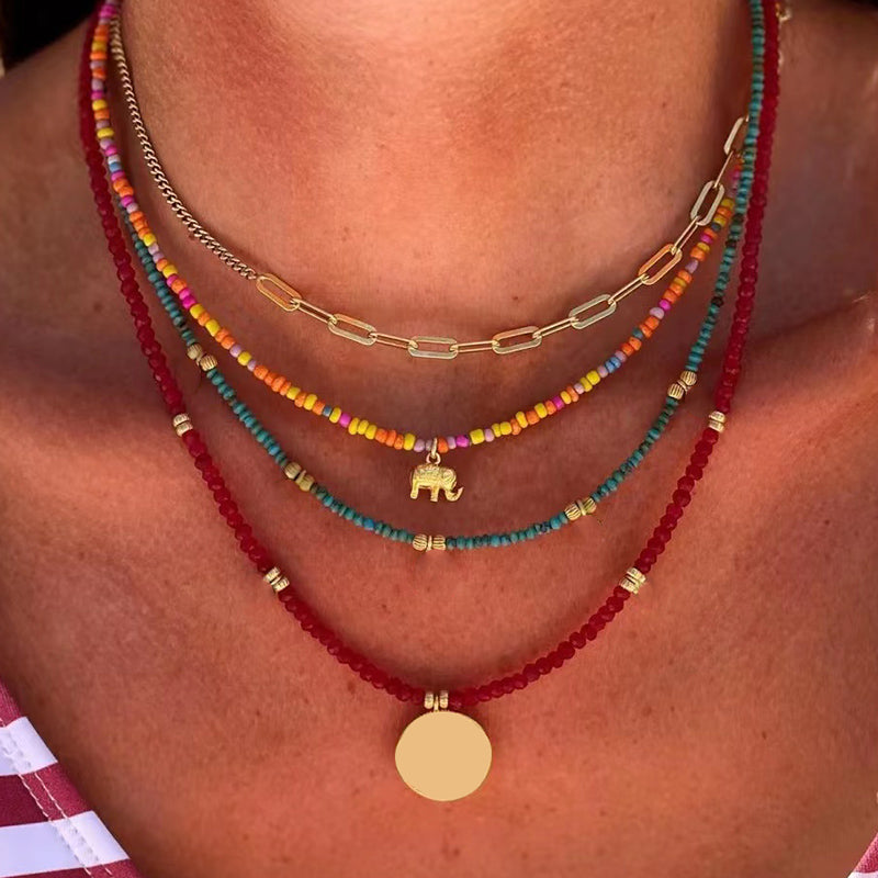 Colorful Bohemian Multilayer Necklace with Elephant Pendant