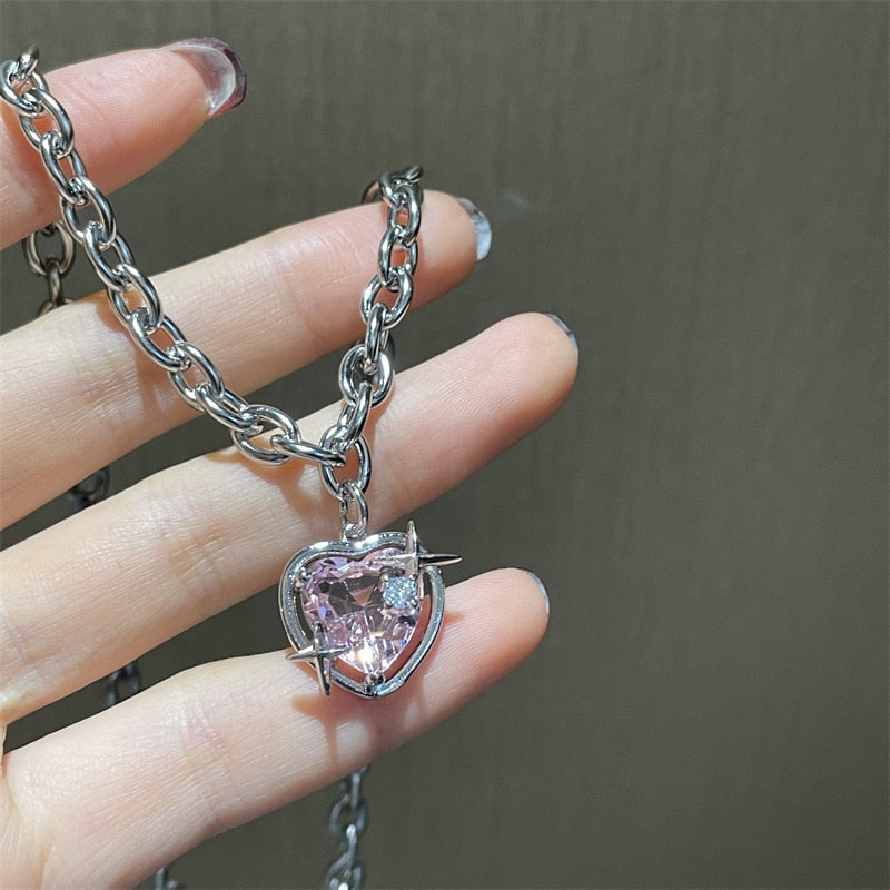 Sparkling Peach Heart Water Drop Pendant Necklace