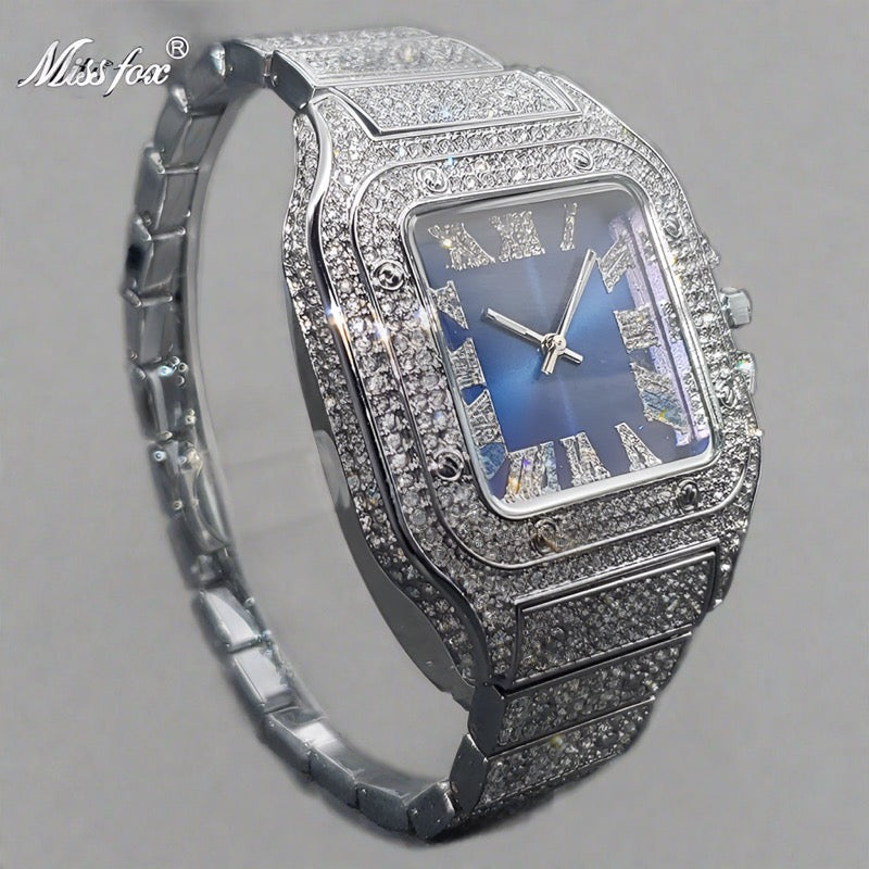 MISSFOX Ice Out Diamond Square Watch: Elegance Redefined