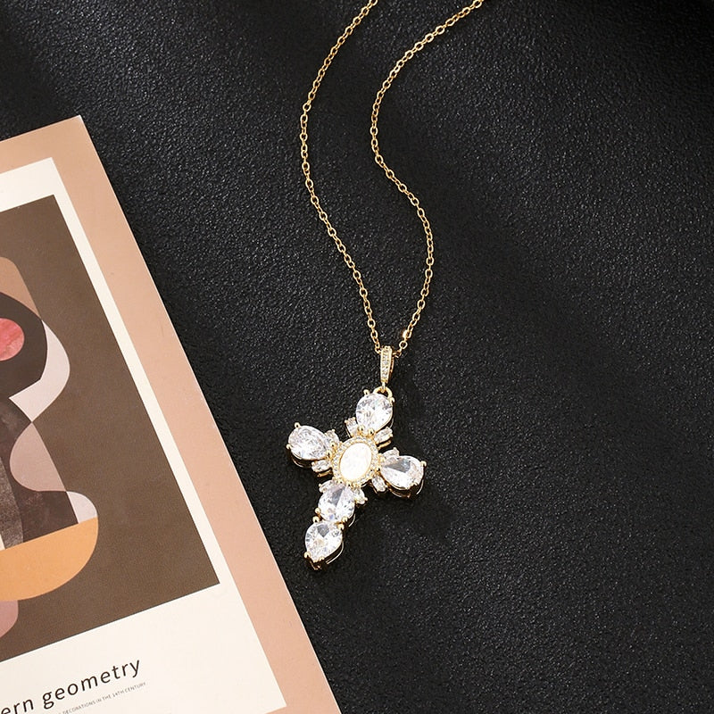 Shell Virgin Mary Cross Crystal Pendant Necklace