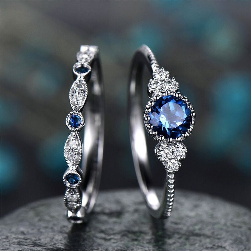 Silver Brilliant Cut Stone Ring Set