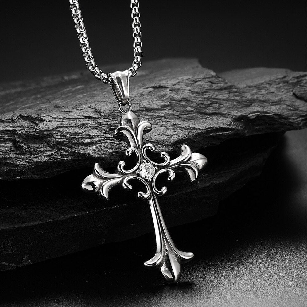 Polished Stainless Steel Cross Necklace with CZ Stones