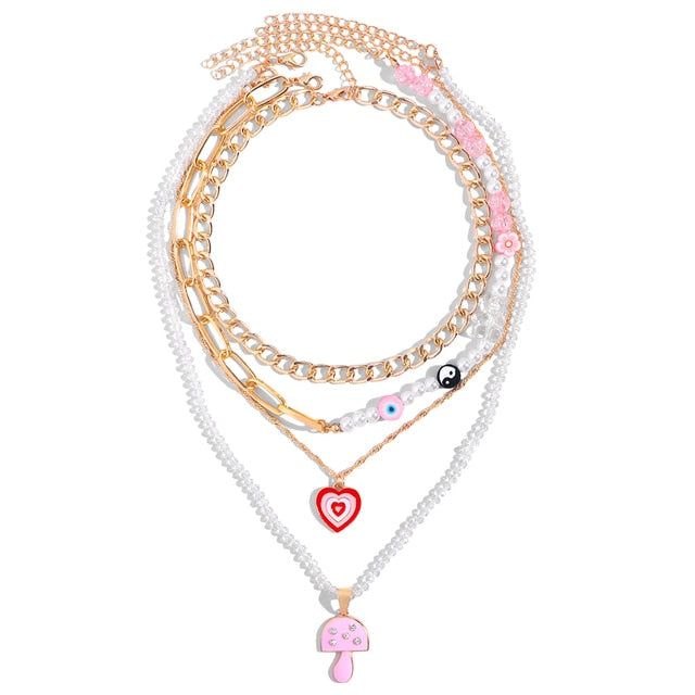 Multi-layer Pink Heart Crystal Necklaces